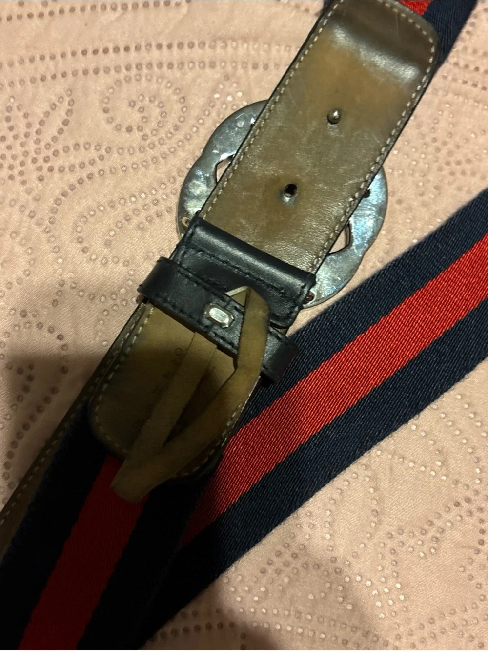 Gucci Navy and Red Web Stripe Leather Belt with Silver GG Buckle